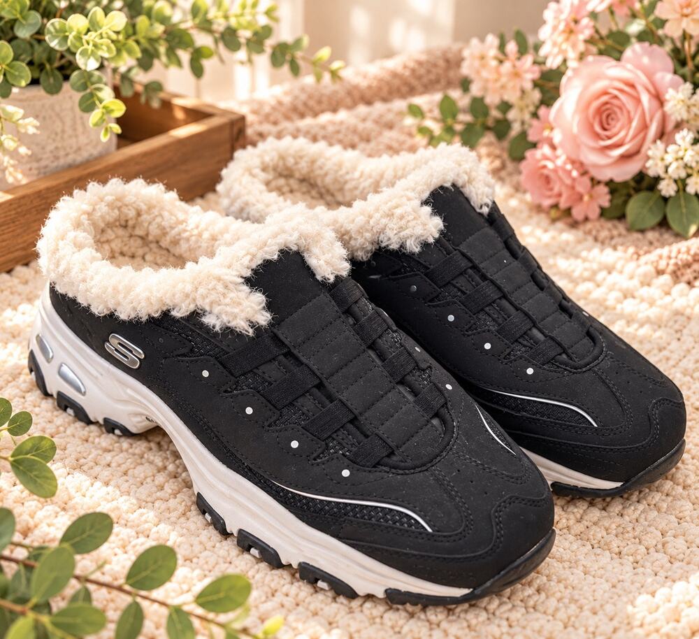 Skechers D’Lites Comfy Step Black Faux Fur Lined Slip On Sneakers Women’s 10